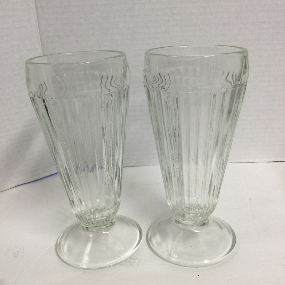 Vintage Set 2 Jeannette Clear Tall Ribbed Footed Glass Ice Cream Sundae Glasses